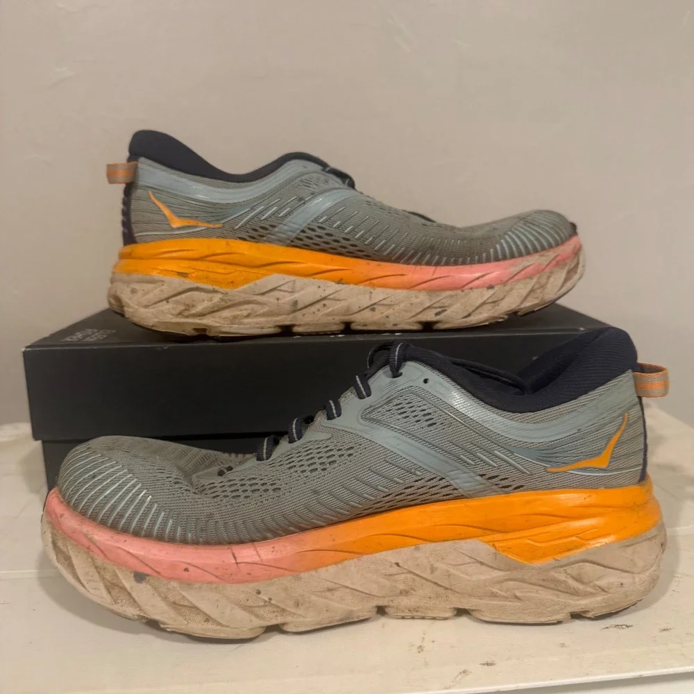 Hoka Bondi 7 Running Shoes Womens 9.5 Grey Orange Fair Maximalist Cushioned